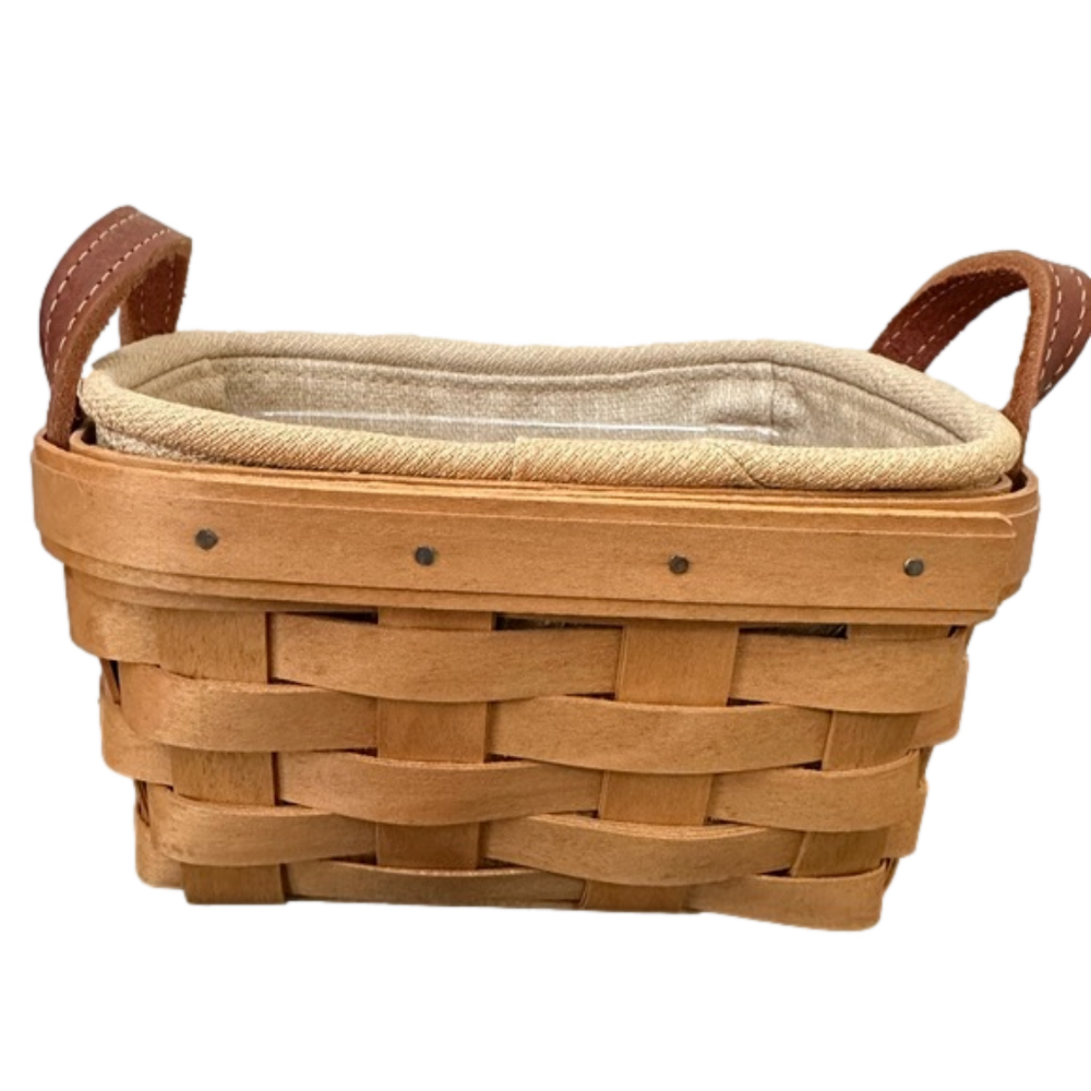 Vintage Longaberger Small Basket Leather Handles Signed Fabric and Plastic Liner